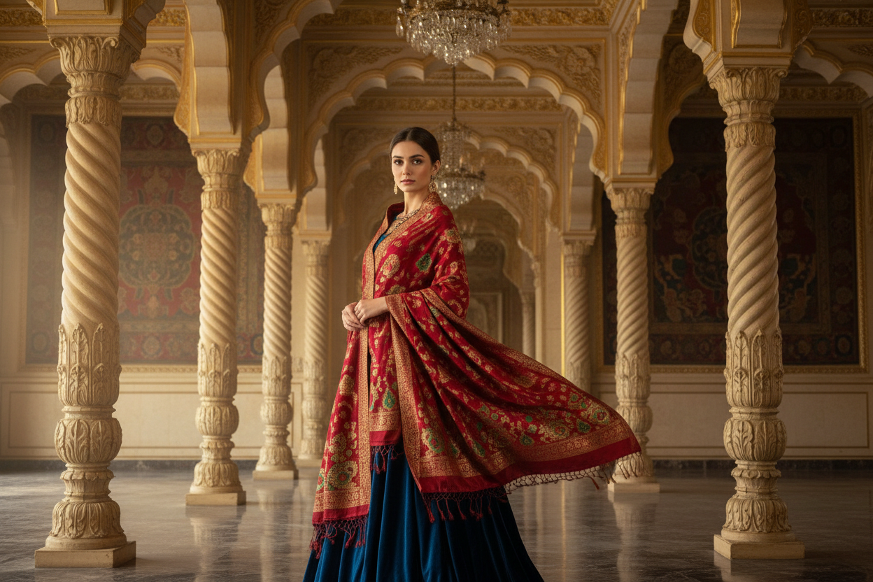 women wearing pachmina shawal elegent look primum vibe royal background